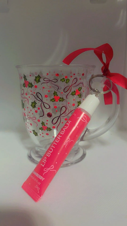 YOLELUX Tasse Noël 350ml - Houx et Nœuds avec Lip Balm