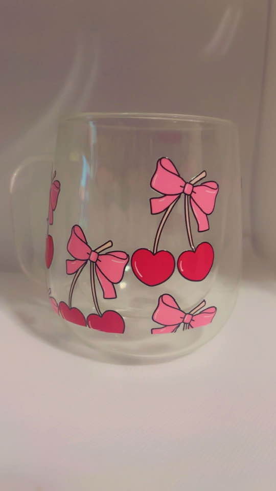 YOLELUX Tasse Love 350ml - Cerises et Nœuds avec Couvercle et Cuillère